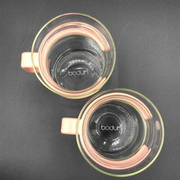 BODUM Coffee Cup PAIR Vintage French Bistro Clear Glass Mugs 70s Pink Handles - Picture 4 of 12